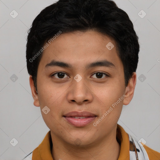 Joyful latino young-adult male with short  brown hair and brown eyes