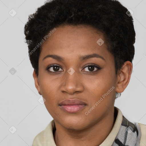 Neutral black young-adult female with short  brown hair and brown eyes