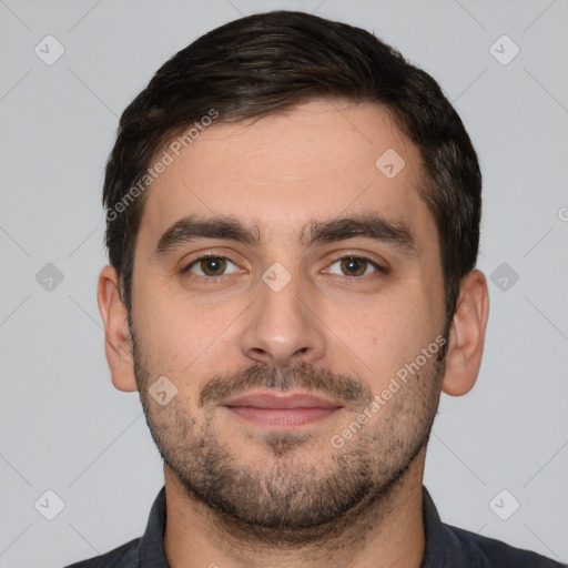 Neutral white young-adult male with short  brown hair and brown eyes