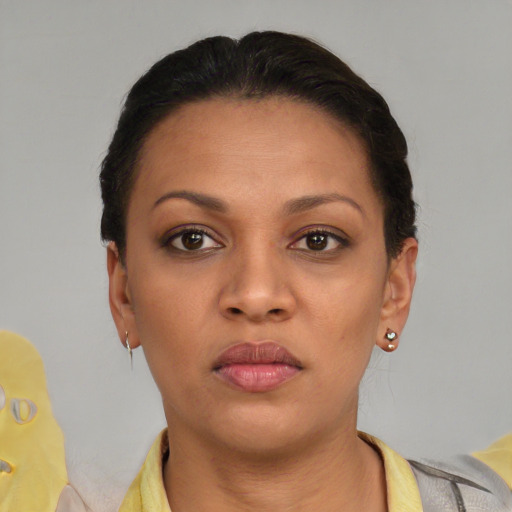 Neutral black young-adult female with short  brown hair and brown eyes