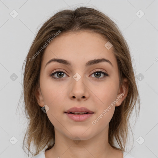 Neutral white young-adult female with medium  brown hair and brown eyes