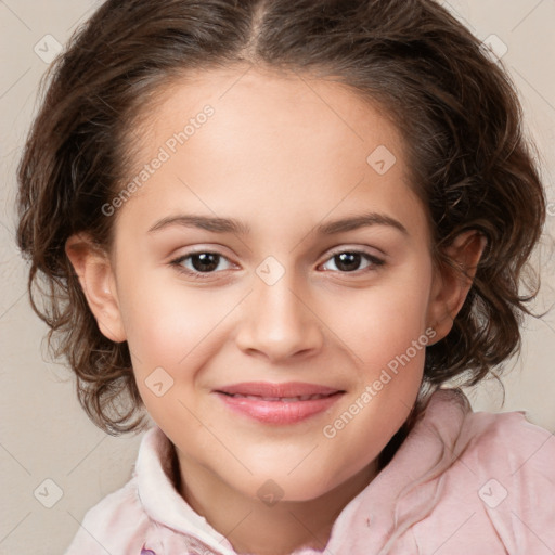 Joyful white child female with medium  brown hair and brown eyes