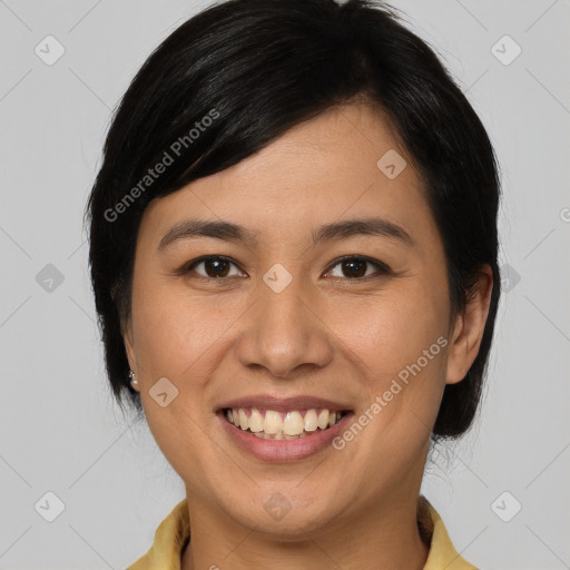 Joyful white young-adult female with medium  brown hair and brown eyes