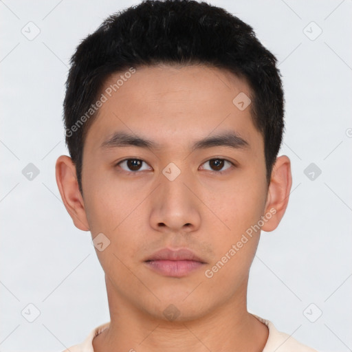 Neutral asian young-adult male with short  black hair and brown eyes