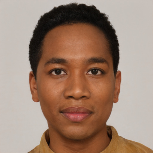Neutral black young-adult male with short  black hair and brown eyes