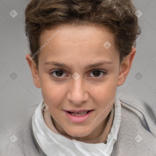 Joyful white child female with short  brown hair and brown eyes