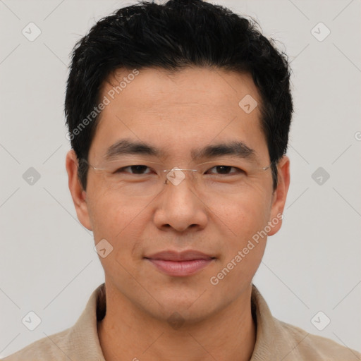 Joyful asian young-adult male with short  black hair and brown eyes