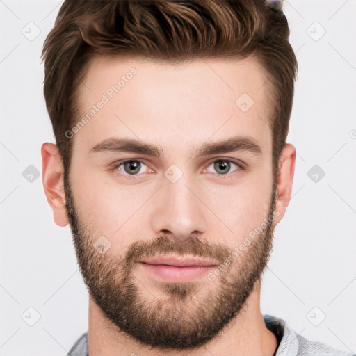 Neutral white young-adult male with short  brown hair and brown eyes