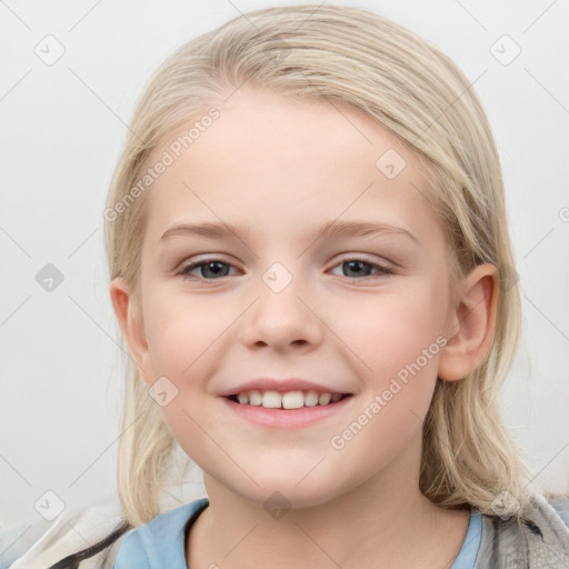 Joyful white child female with medium  brown hair and blue eyes