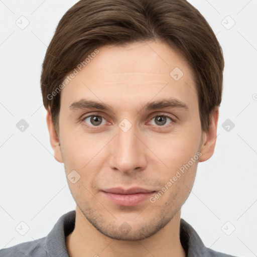 Neutral white young-adult male with short  brown hair and grey eyes