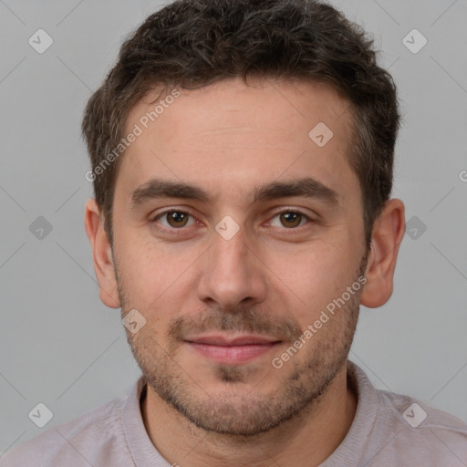 Joyful white young-adult male with short  brown hair and brown eyes