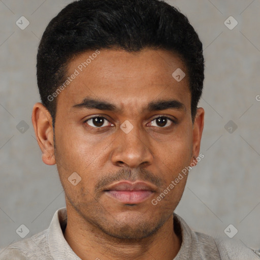 Neutral latino young-adult male with short  black hair and brown eyes