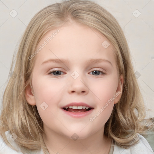 Joyful white child female with medium  brown hair and grey eyes