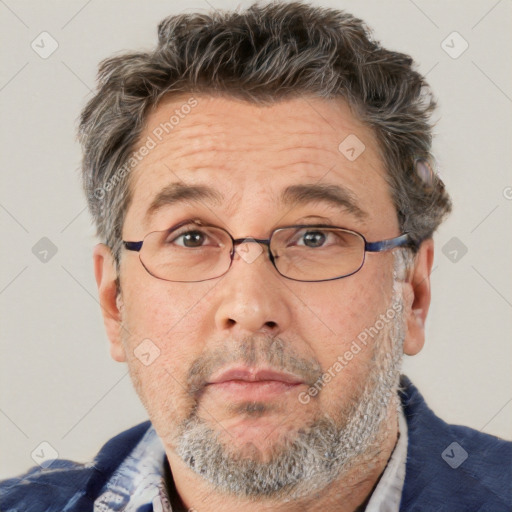 Neutral white middle-aged male with short  brown hair and brown eyes