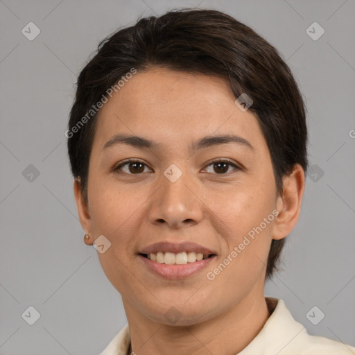 Joyful asian young-adult female with short  brown hair and brown eyes