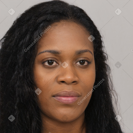 Joyful asian young-adult female with long  brown hair and brown eyes