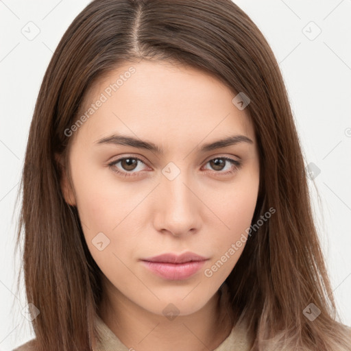 Neutral white young-adult female with long  brown hair and brown eyes