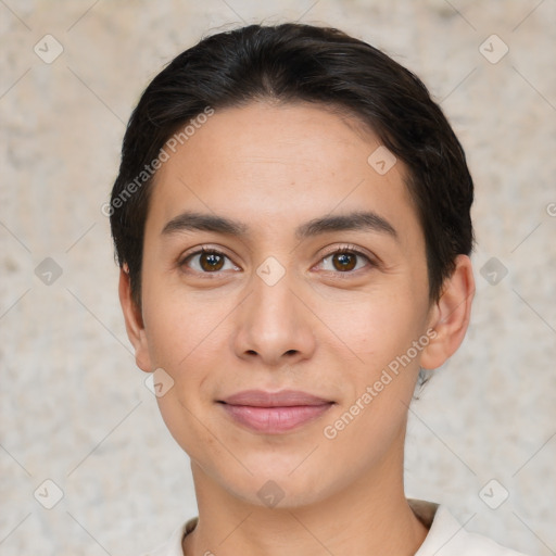 Joyful white young-adult female with short  black hair and brown eyes