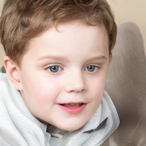 Joyful white child male with short  brown hair and blue eyes