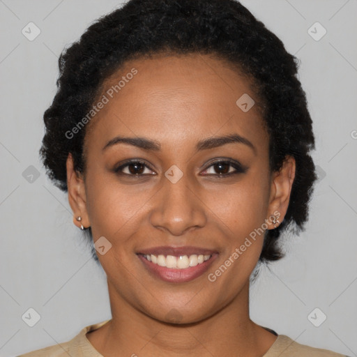 Joyful latino young-adult female with short  brown hair and brown eyes