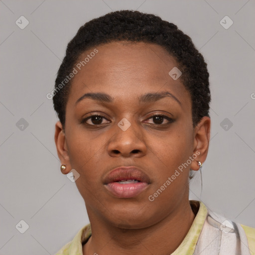 Neutral black young-adult female with short  brown hair and brown eyes