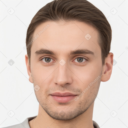 Neutral white young-adult male with short  brown hair and brown eyes