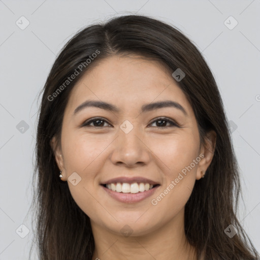 Joyful white young-adult female with long  brown hair and brown eyes