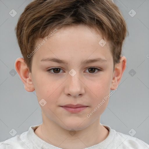 Joyful white child male with short  brown hair and brown eyes