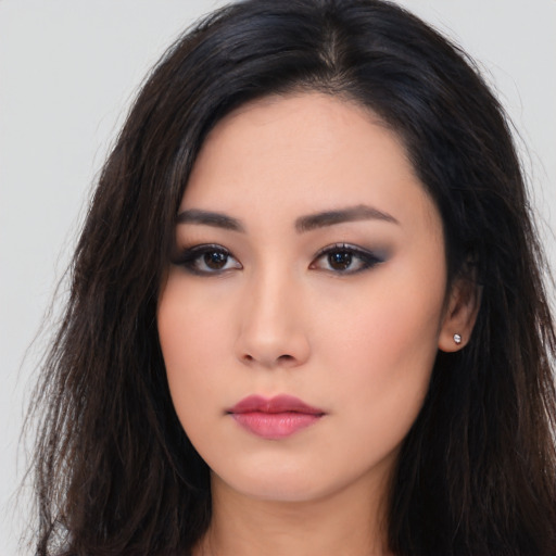 Neutral asian young-adult female with long  black hair and brown eyes