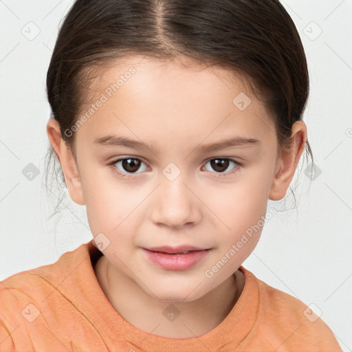 Joyful white child female with medium  brown hair and brown eyes