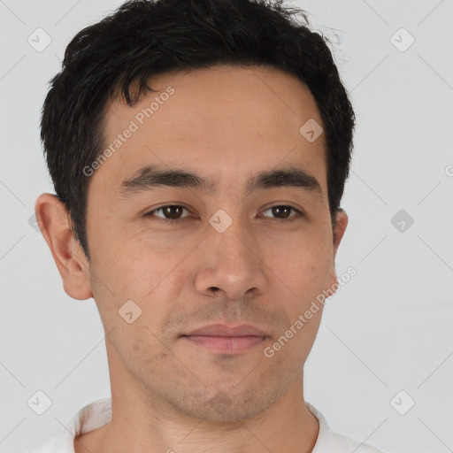 Neutral asian young-adult male with short  brown hair and brown eyes