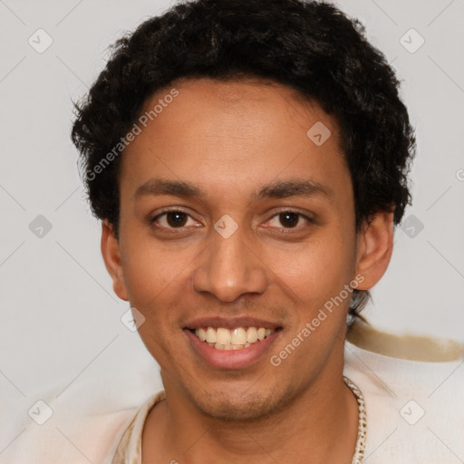 Joyful latino young-adult male with short  brown hair and brown eyes