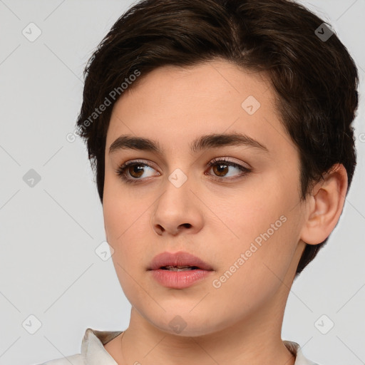 Neutral white young-adult female with short  brown hair and brown eyes