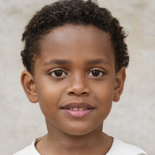 Joyful black child male with short  brown hair and brown eyes