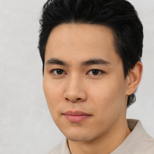 Neutral asian young-adult male with short  black hair and brown eyes