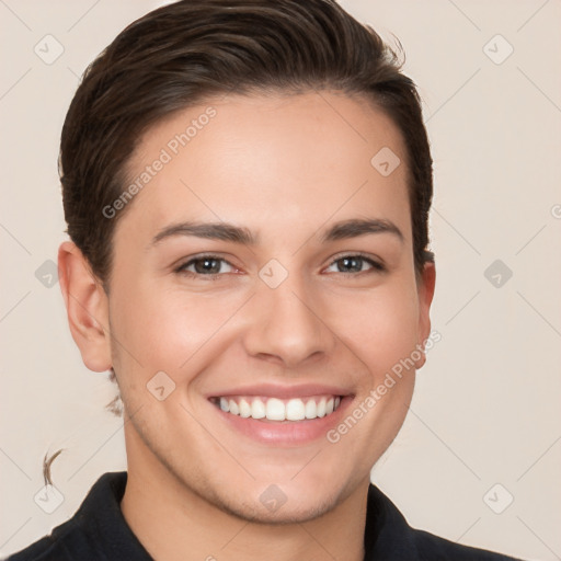 Joyful white young-adult female with short  brown hair and brown eyes