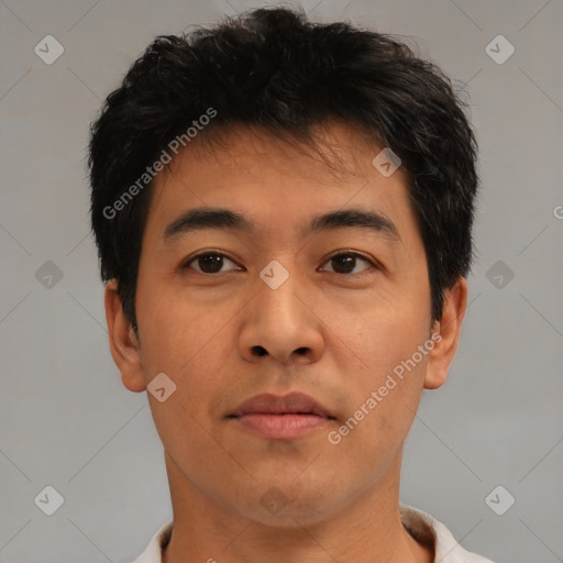 Neutral asian young-adult male with short  brown hair and brown eyes