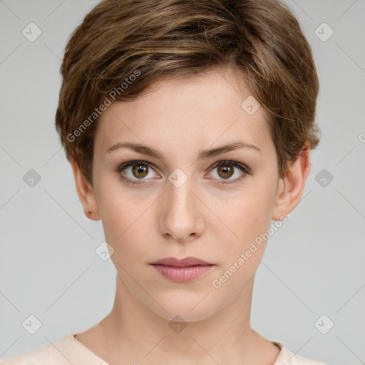 Neutral white young-adult female with short  brown hair and grey eyes