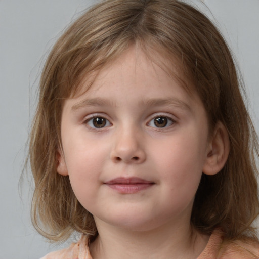 Neutral white child female with medium  brown hair and grey eyes