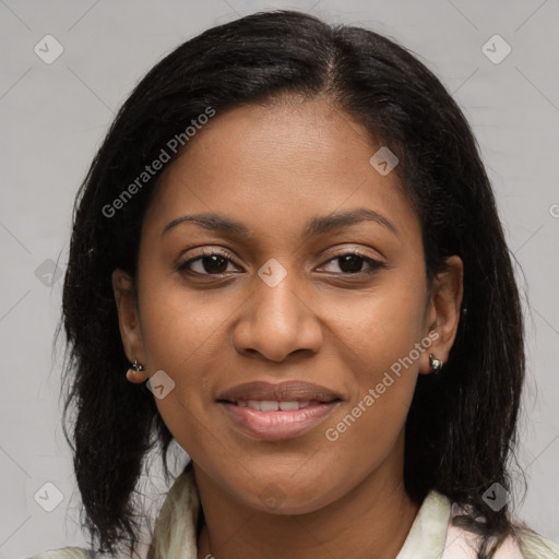 Joyful black young-adult female with medium  brown hair and brown eyes