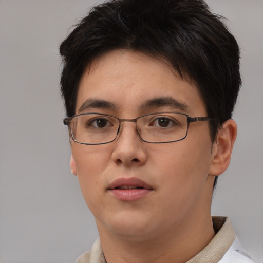 Neutral asian young-adult female with short  brown hair and brown eyes