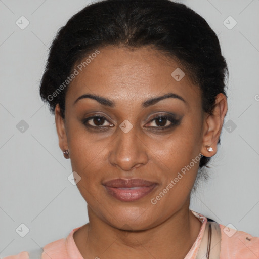 Joyful latino young-adult female with short  brown hair and brown eyes