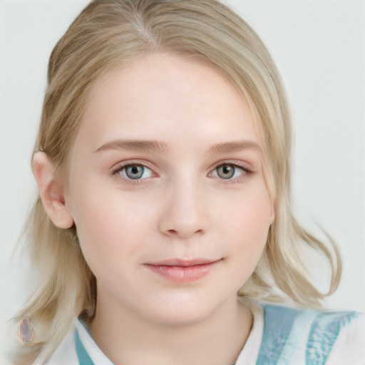 Neutral white child female with medium  brown hair and blue eyes