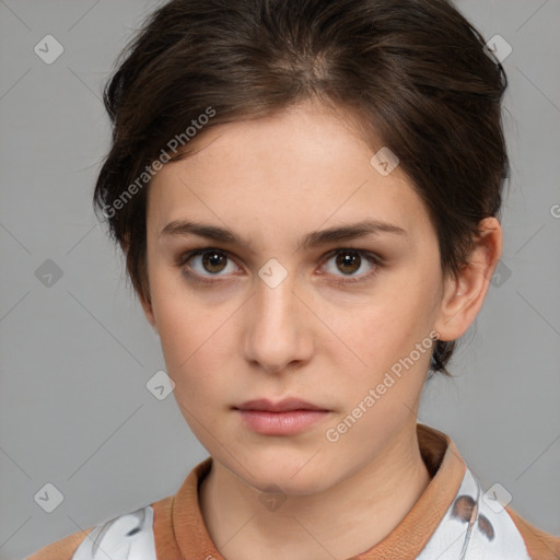 Neutral white young-adult female with medium  brown hair and brown eyes