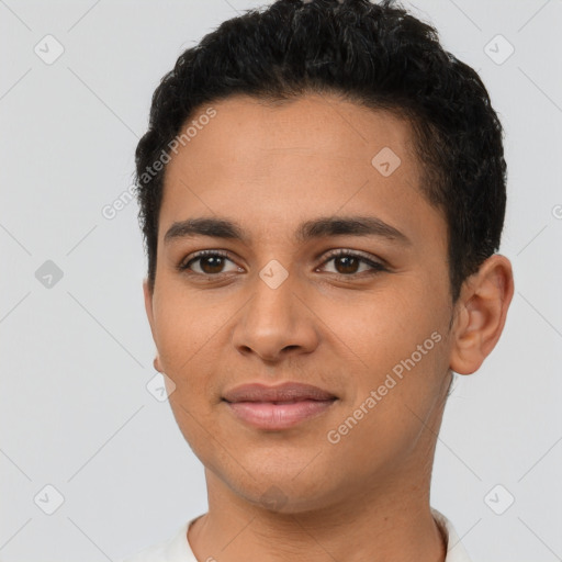 Joyful latino young-adult female with short  black hair and brown eyes