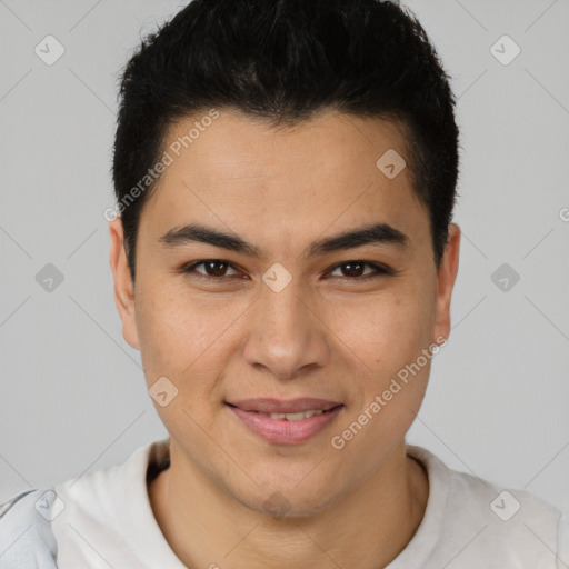 Joyful latino young-adult male with short  brown hair and brown eyes