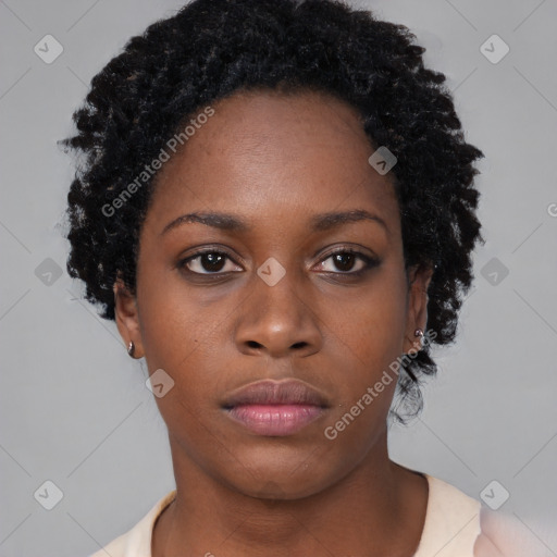 Neutral black young-adult female with short  black hair and brown eyes