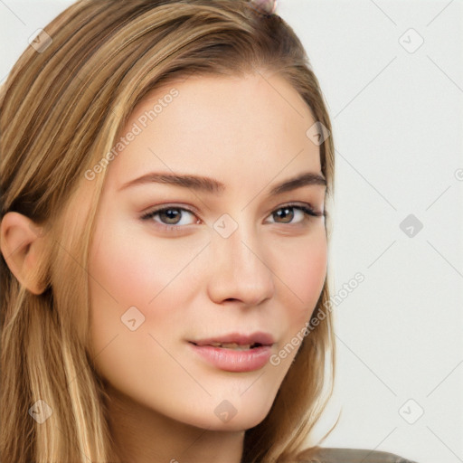 Neutral white young-adult female with long  brown hair and brown eyes