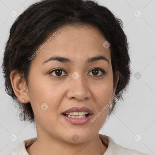 Joyful latino young-adult female with short  brown hair and brown eyes