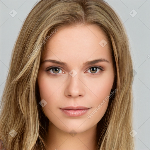 Neutral white young-adult female with long  brown hair and brown eyes